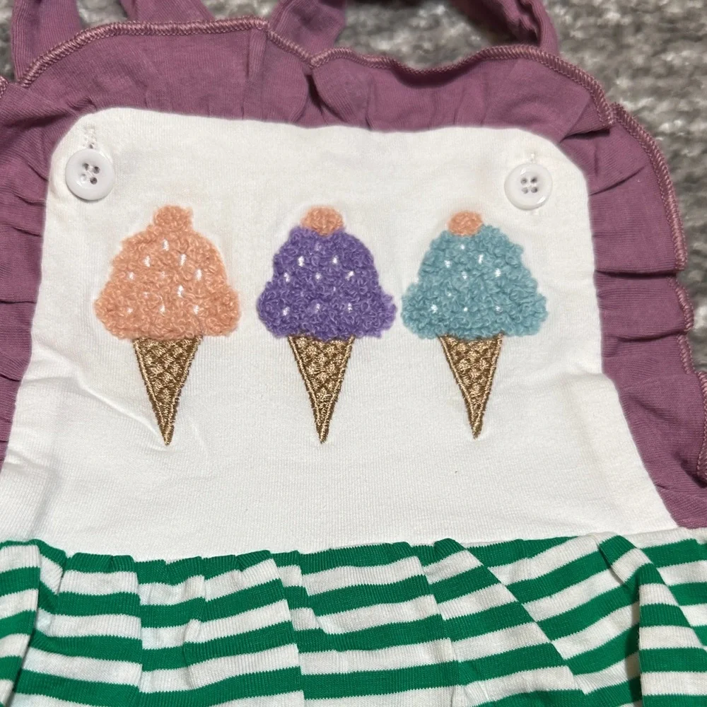 NWOT stripe & ruffle French knot icecream embroidered bubble romper 12/18mo